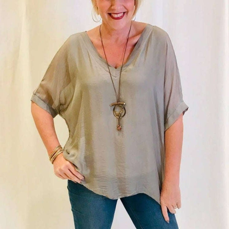 Clothing TINA Stephens Italy/Tees By Tina Classic Clothing | Tina Stephens - Sasha Silk Double V-Neck Kaftan - Taupe