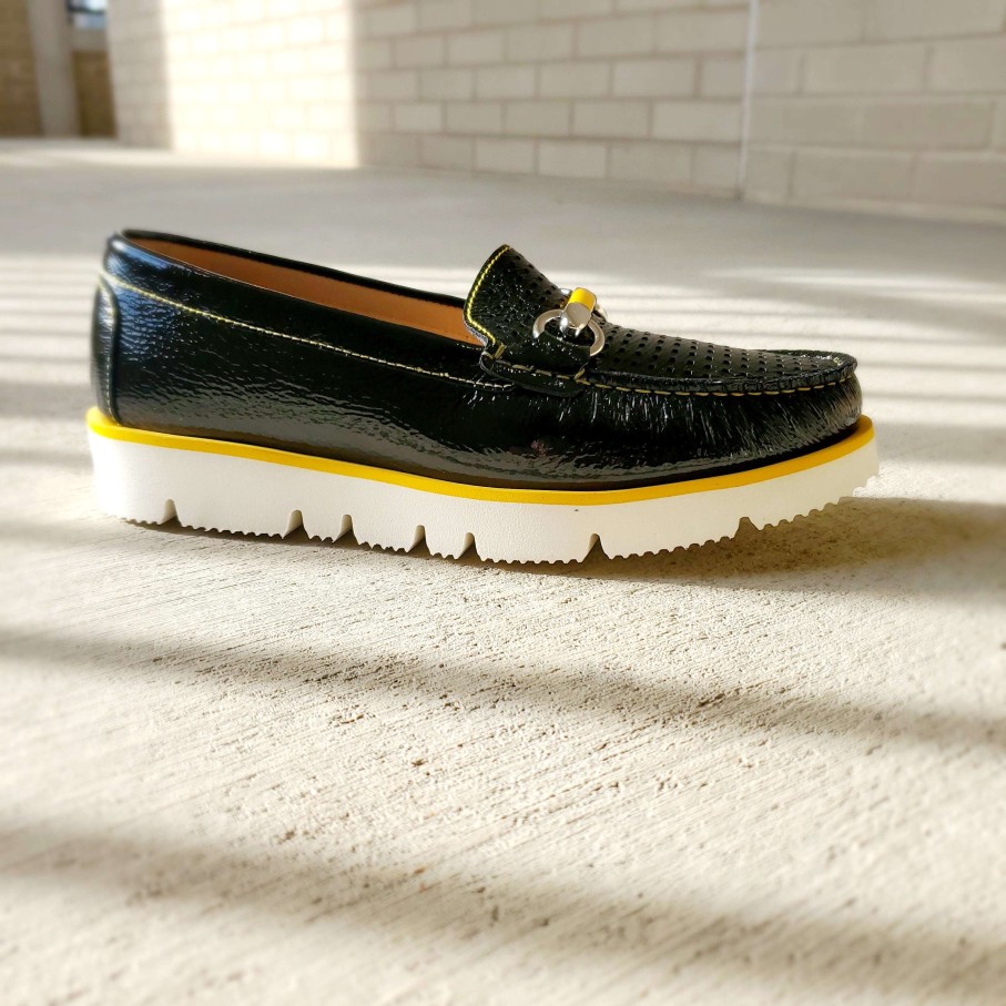 Footwear DICHENZO Slip-On Loafers | Di Chenzo - Black Patent Yellow Trim Italian Leather Loafer Black Patent/Yellow