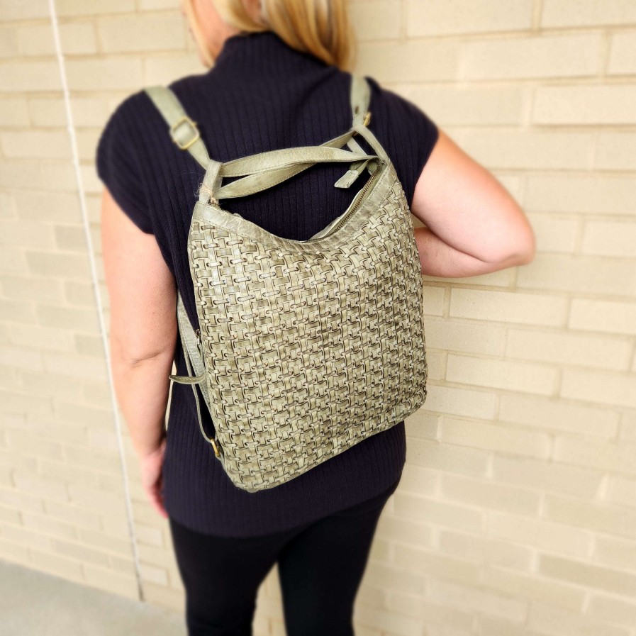 Handbags milo | Milo - Trento Avocado Green Woven Leather Backpack