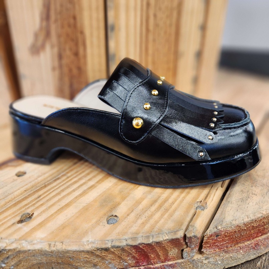 Footwear ALL BLACK Low Slides | All Black - Patent Leather Stud Kilt Mule