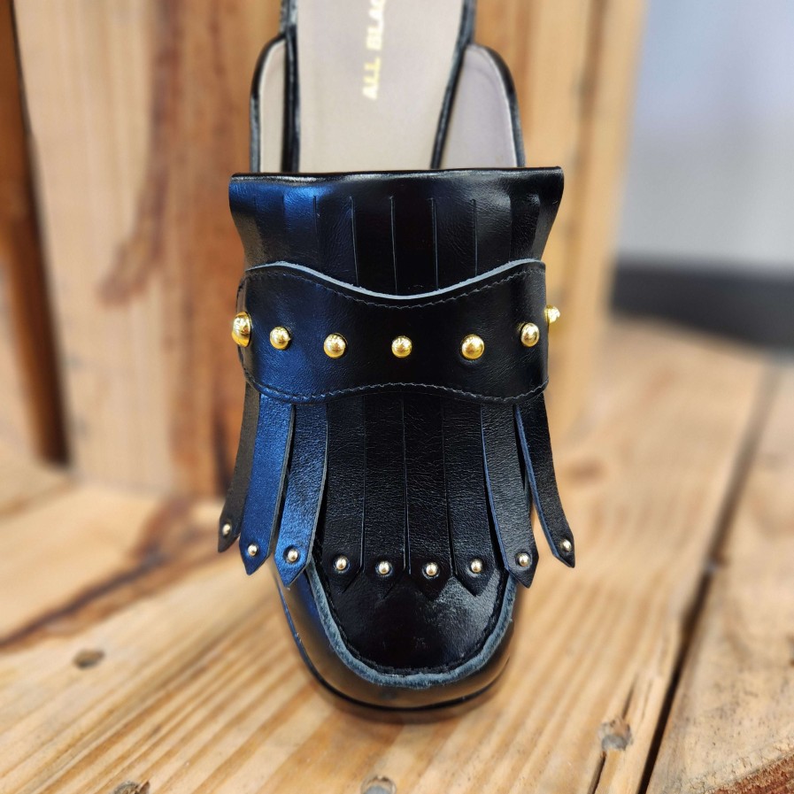 Footwear ALL BLACK Low Slides | All Black - Patent Leather Stud Kilt Mule