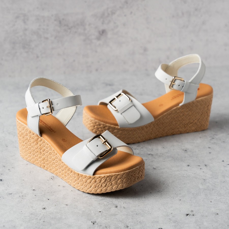 Footwear Eric Michael Wedges/Platform Sandals | Eric Michael - Cheryl - Tan Or White Leather