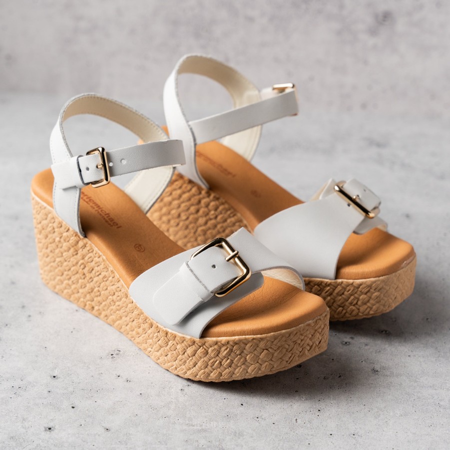 Footwear Eric Michael Wedges/Platform Sandals | Eric Michael - Cheryl - Tan Or White Leather