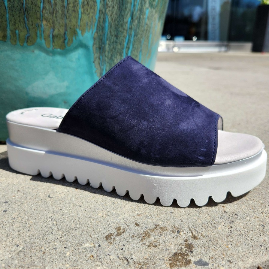 Footwear Gabor Slide Sandals | Gabor - Navy Suede Flatform Slide Sandal