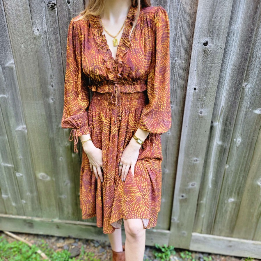 Clothing Stellah Boho Clothing | Stellah Nyc - Texture Ruffle Trim Dress - Sand Garden Print Brown Multi