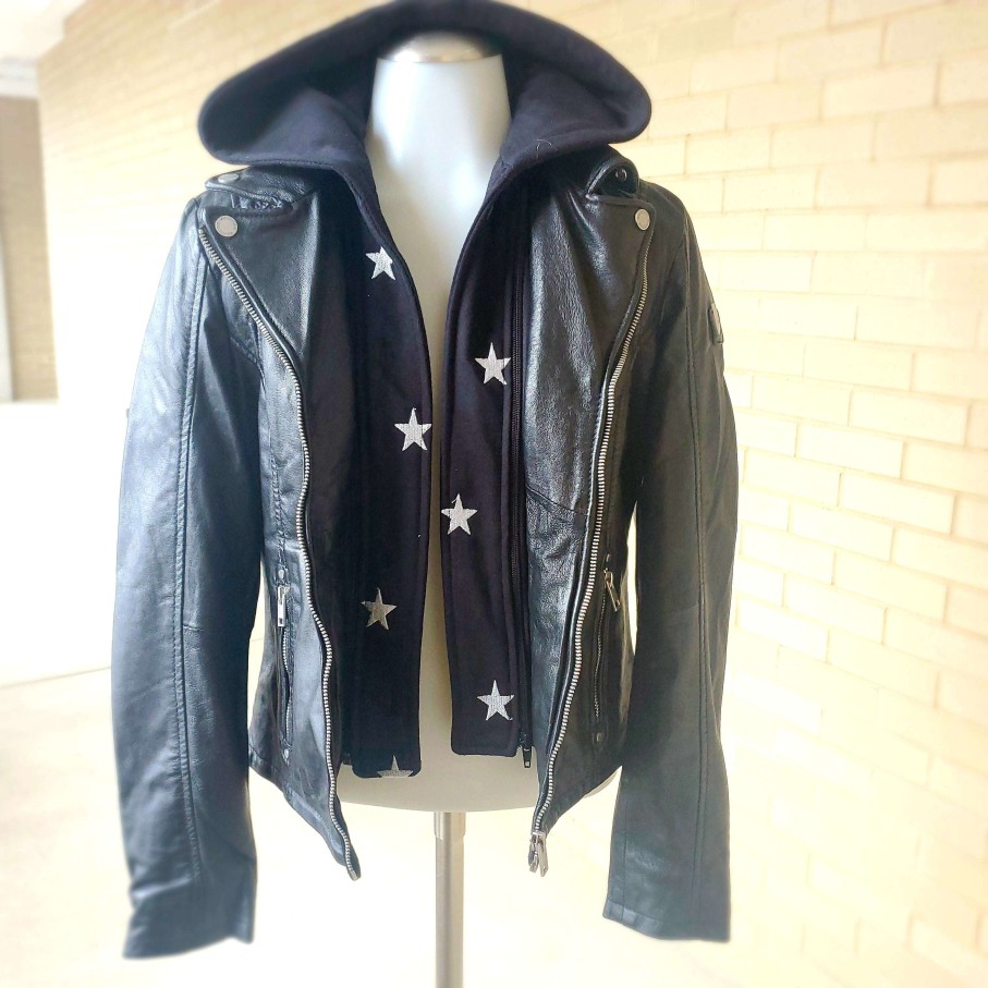 Clothing MAURITIUS Sleek Clothing | Duffi Women'S Black Leather Jacket Black Star Hoodie