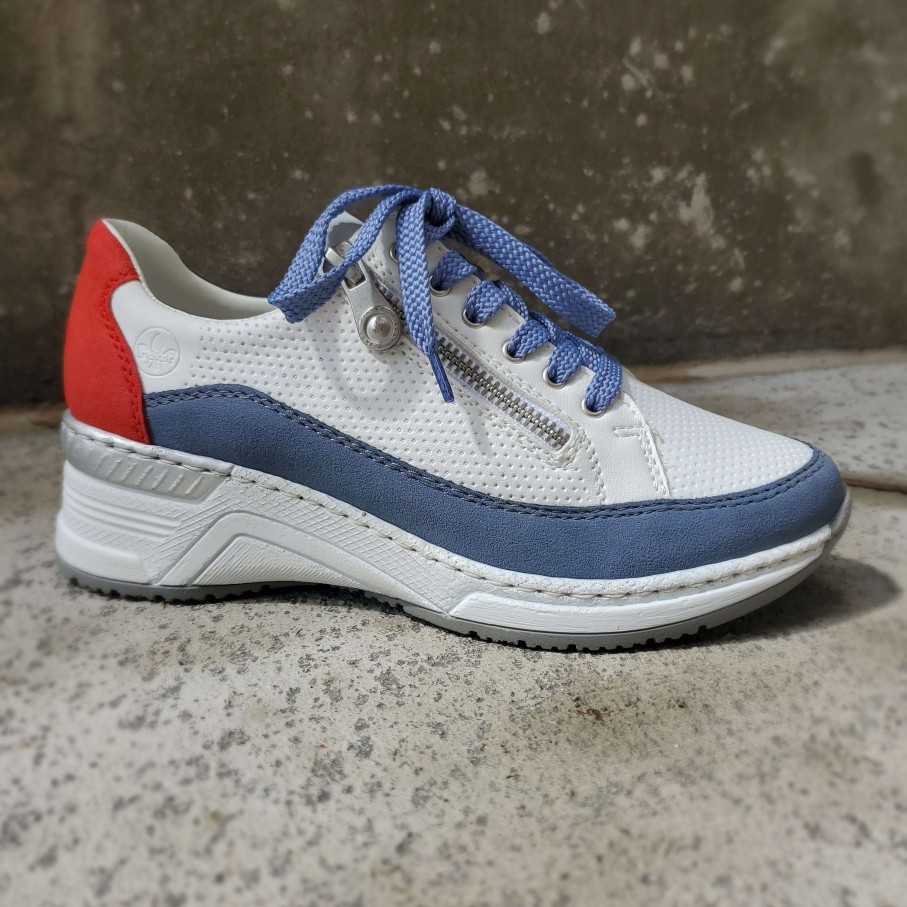 Footwear Rieker Tie Sneakers | Rieker - N4330 Red, White & Blue Leather Sneaker White/Blue/Red