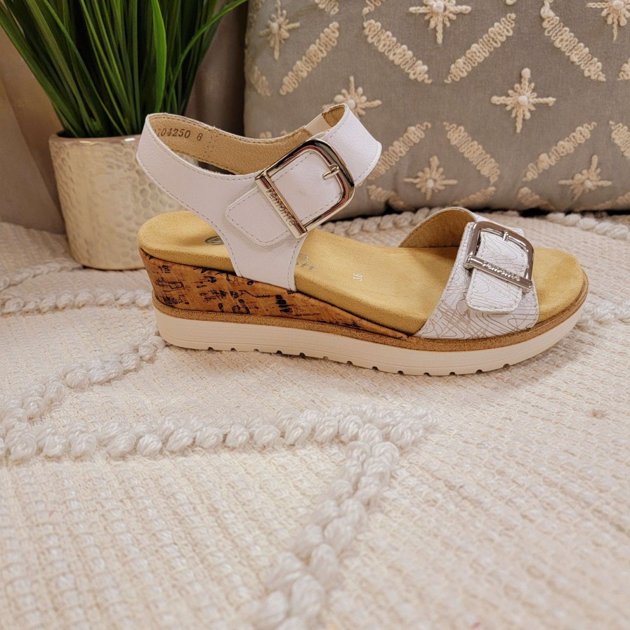 Footwear Remonte Wedges/Platform Sandals | Remonte - R6152-81 White Leather Wedge Sandal White/Pearl Bronze