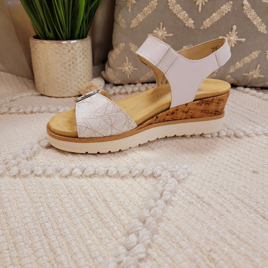 Footwear Remonte Wedges/Platform Sandals | Remonte - R6152-81 White Leather Wedge Sandal White/Pearl Bronze