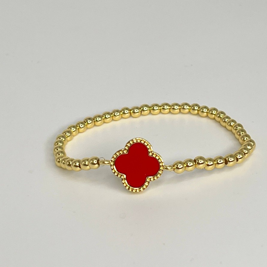 Accessories Sahira Jewelry Design Bracelets | Sahira Jewelry Design - Beaded Clover Bracelet - Red/Gold